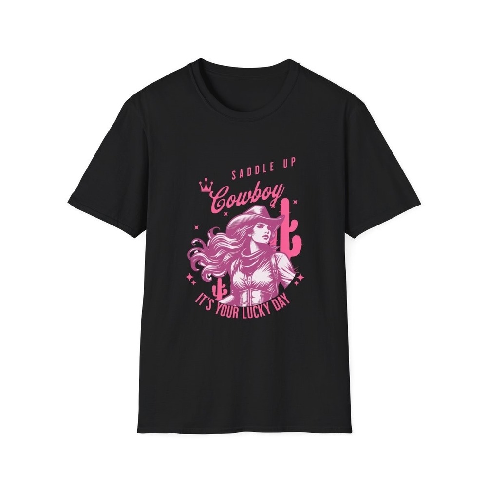 Womens Saddle Up Cowboy‎ Lucky Day Graphic Tee Pink Western Style | Black S